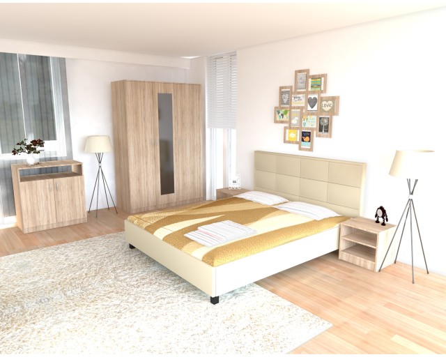 Dormitor Soft Sonoma cu pat tapitat bej pentru saltea 140x200 cm